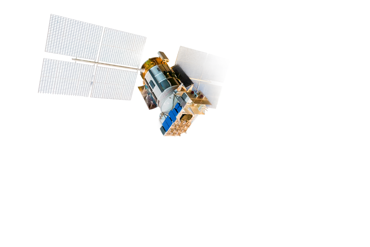 A navigation satellite with deployed solar arrays in low Earth orbit
