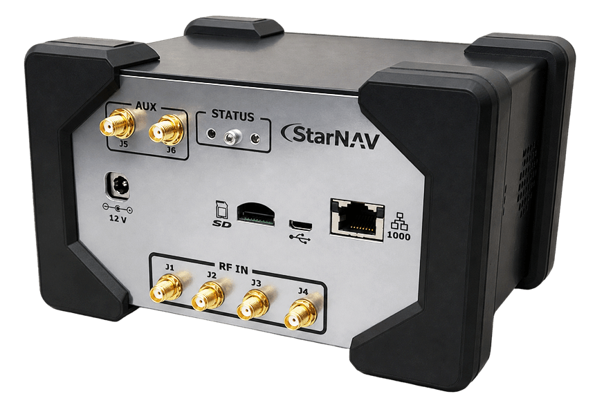 The StarNav SNDR-X multi-signal receiver, showing its RF input and status connector panel